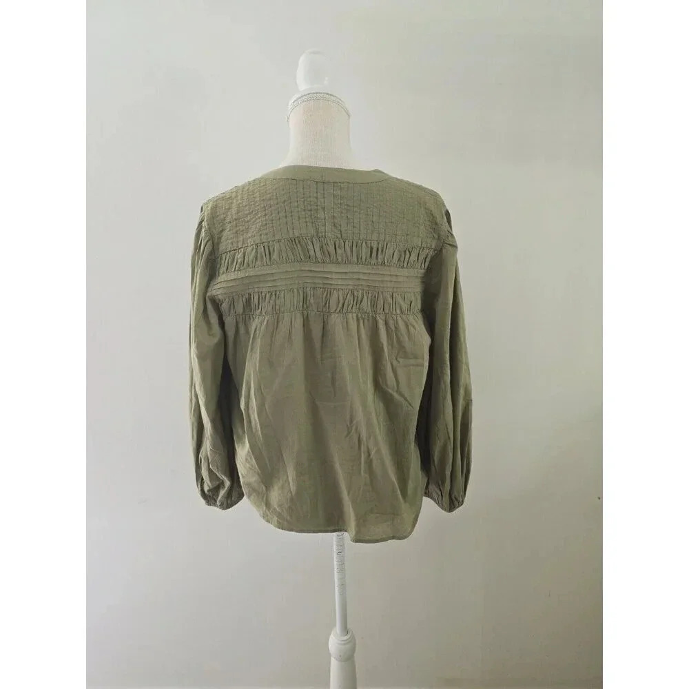Cleobella River Pintuck Cotton Puff Sleeves Button Up Olive Green Blouse Top S - Picture 8 of 10